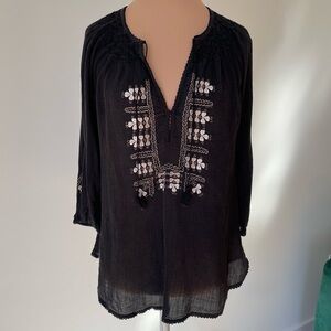 Joie Caviar Black Cotton Peasant 3/4 Sleeve Tassel Neck Ynes Embroidery Blouse S